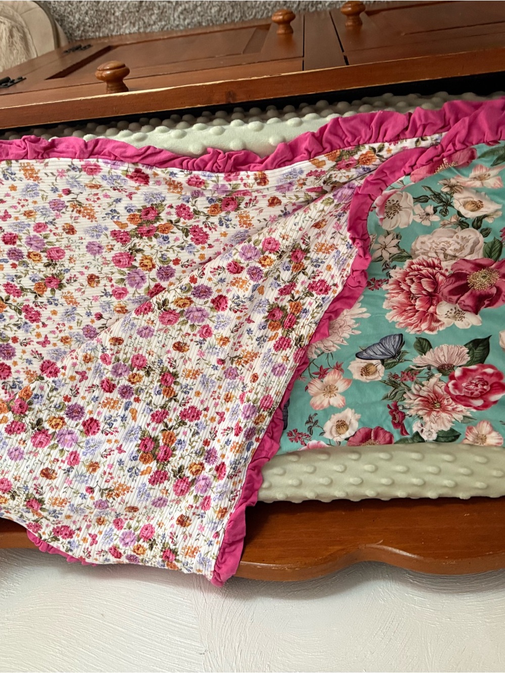 Posh Peanut Floral Reversible with Pink Ruffle Trim
